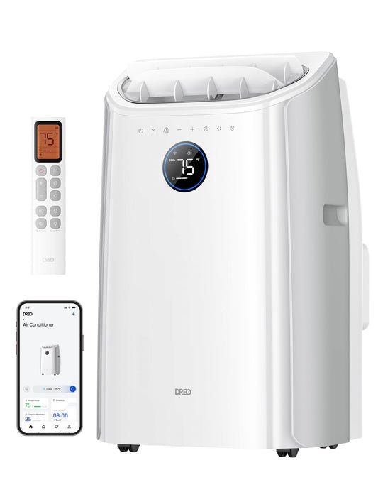DREO 12000 BTU Mobiles Klimagerät (3-in-1 Kühlen/Ventilieren/Entfeuchten), leise für Schlafzimmer/Büro, Steuerung per App/Sprachbefehl/Fernbedienung, drainagefrei, Fenster-Set, 3,2 L/h, AC516S