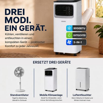 Olsen & Smith 9000 BTU Mobile Klimaanlage & Luftentfeuchter - 3-in-1 Klimagerät mit Abluftschlauch, Schiebefenster-Adapter, 24h-Timer & Fernbedienung - Leise Klimaanlage für Schlafzimmer & Büro, Weiß