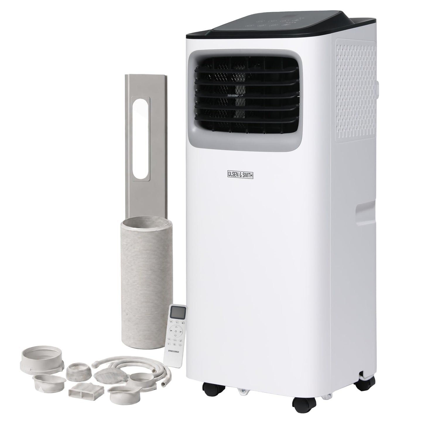 Olsen & Smith 9000 BTU Mobile Klimaanlage & Luftentfeuchter - 3-in-1 Klimagerät mit Abluftschlauch, Schiebefenster-Adapter, 24h-Timer & Fernbedienung - Leise Klimaanlage für Schlafzimmer & Büro, Weiß