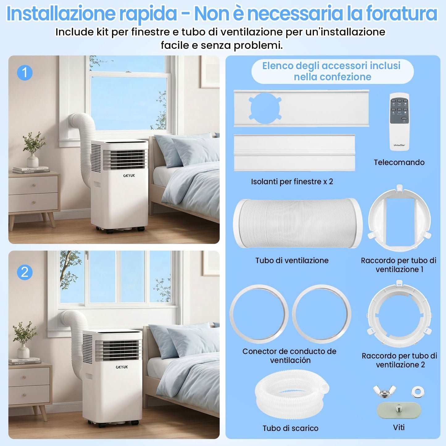 Mobile Klimaanlage 7000 BTU mit Abluftschlauch | 4-in-1 Mobiles Klimagerät | Leiser Betrieb | Digitaldisplay + Fernbedienung | Fenster-Installationsset | 24h-Timer | Für Räume bis 25 m²