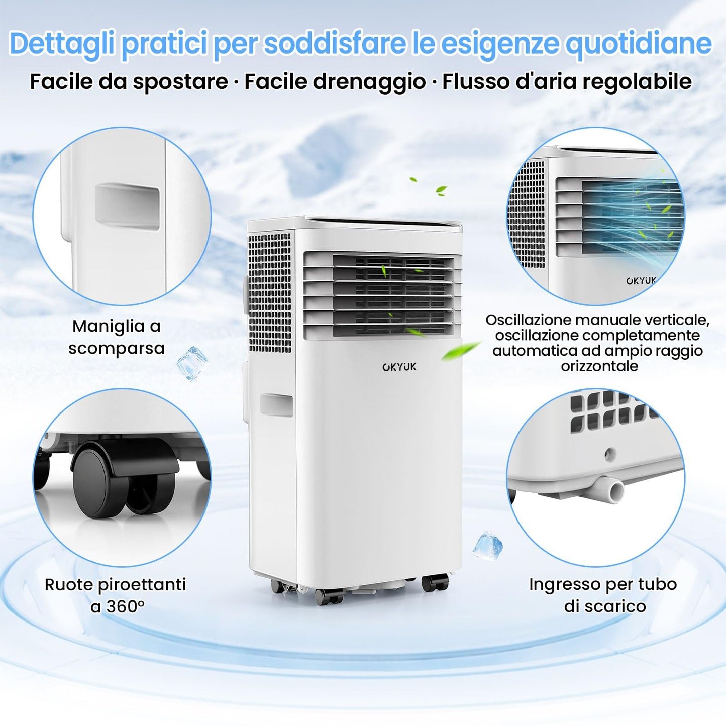 Mobile Klimaanlage 7000 BTU mit Abluftschlauch | 4-in-1 Mobiles Klimagerät | Leiser Betrieb | Digitaldisplay + Fernbedienung | Fenster-Installationsset | 24h-Timer | Für Räume bis 25 m²