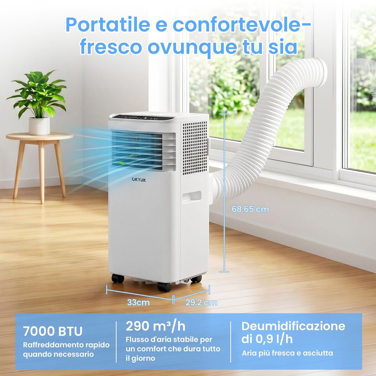 Mobile Klimaanlage 7000 BTU mit Abluftschlauch | 4-in-1 Mobiles Klimagerät | Leiser Betrieb | Digitaldisplay + Fernbedienung | Fenster-Installationsset | 24h-Timer | Für Räume bis 25 m²