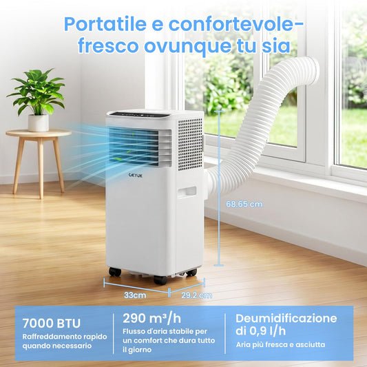Mobile Klimaanlage 7000 BTU mit Abluftschlauch | 4-in-1 Mobiles Klimagerät | Leiser Betrieb | Digitaldisplay + Fernbedienung | Fenster-Installationsset | 24h-Timer | Für Räume bis 25 m²