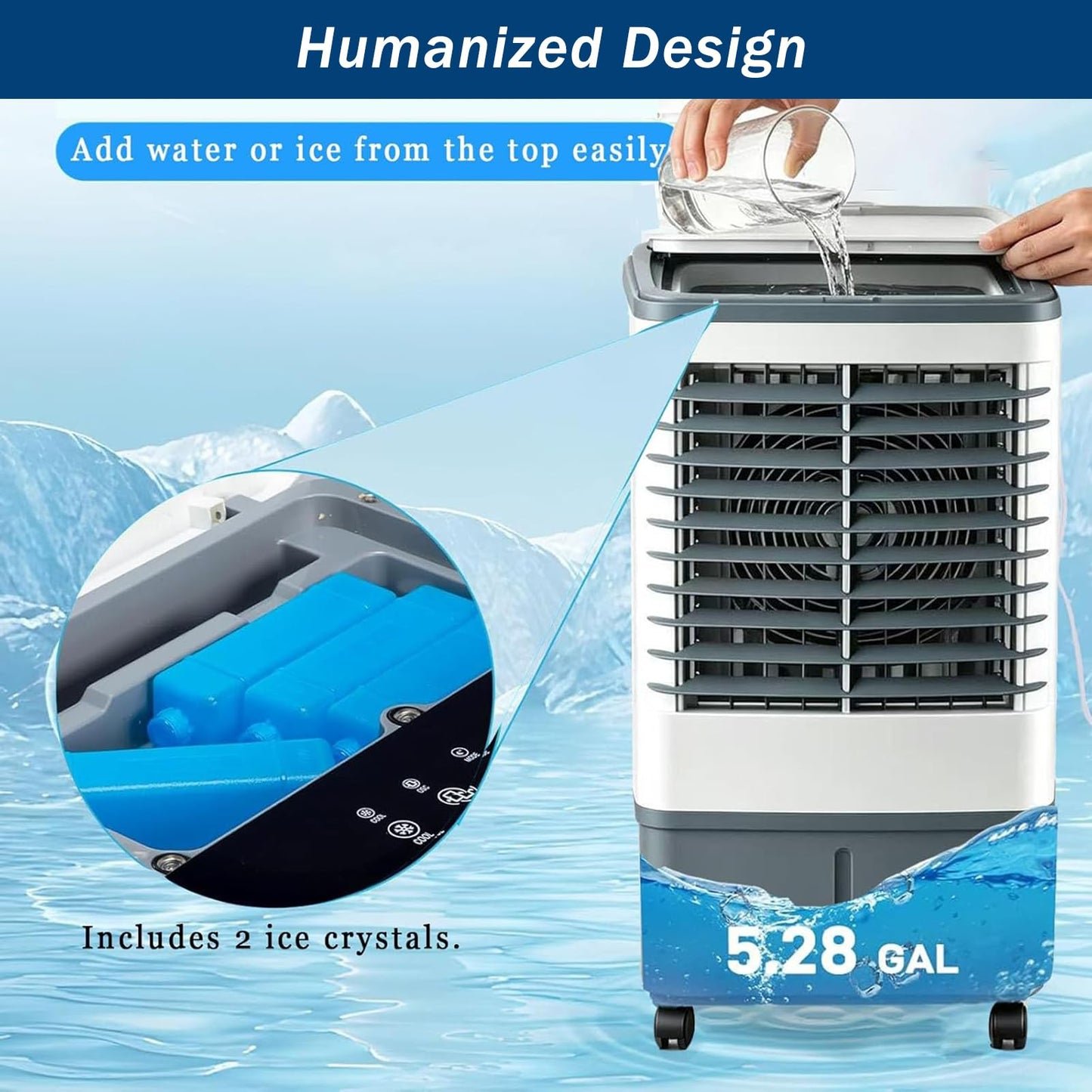 Verdunstungskühler Mit 20L Tank, Klimagerät Ohne Abluftschlauch Mit Wasserkühlung, 3 Geschwindigkeiten, Schwenkbar nach links und rechts, 7,5h Timer – Ideal Für Zuhause, Wohnung, Camping