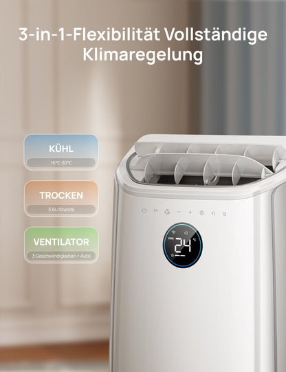 DREO 12000 BTU Mobiles Klimagerät (3-in-1 Kühlen/Ventilieren/Entfeuchten), leise für Schlafzimmer/Büro, Steuerung per App/Sprachbefehl/Fernbedienung, drainagefrei, Fenster-Set, 3,2 L/h, AC516S