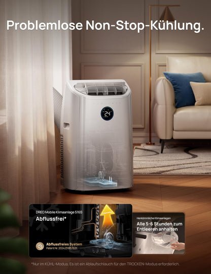DREO 12000 BTU Mobiles Klimagerät (3-in-1 Kühlen/Ventilieren/Entfeuchten), leise für Schlafzimmer/Büro, Steuerung per App/Sprachbefehl/Fernbedienung, drainagefrei, Fenster-Set, 3,2 L/h, AC516S