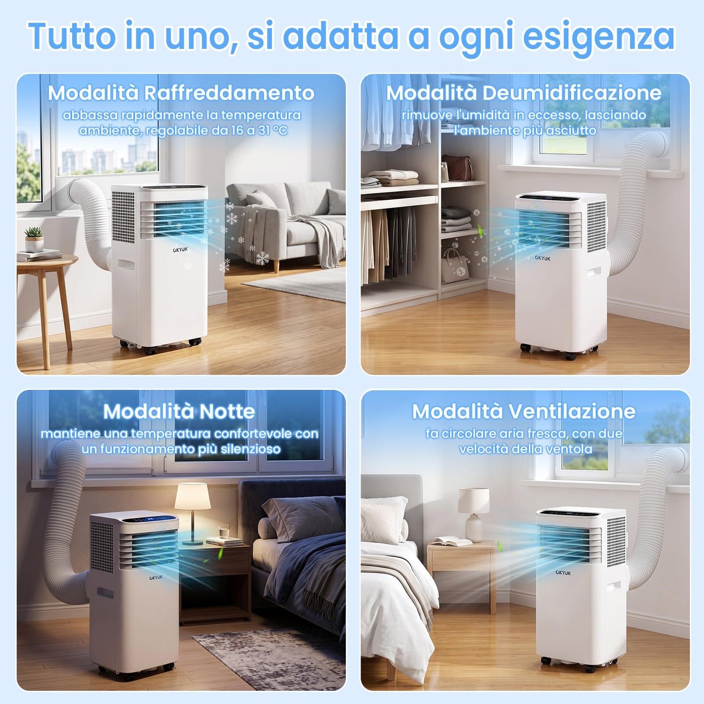 Mobile Klimaanlage 7000 BTU mit Abluftschlauch | 4-in-1 Mobiles Klimagerät | Leiser Betrieb | Digitaldisplay + Fernbedienung | Fenster-Installationsset | 24h-Timer | Für Räume bis 25 m²