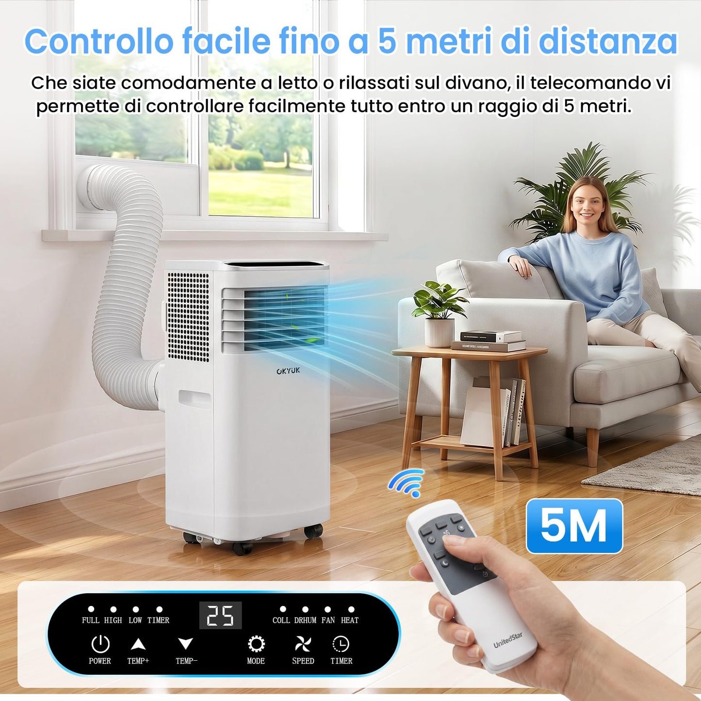 Mobile Klimaanlage 7000 BTU mit Abluftschlauch | 4-in-1 Mobiles Klimagerät | Leiser Betrieb | Digitaldisplay + Fernbedienung | Fenster-Installationsset | 24h-Timer | Für Räume bis 25 m²