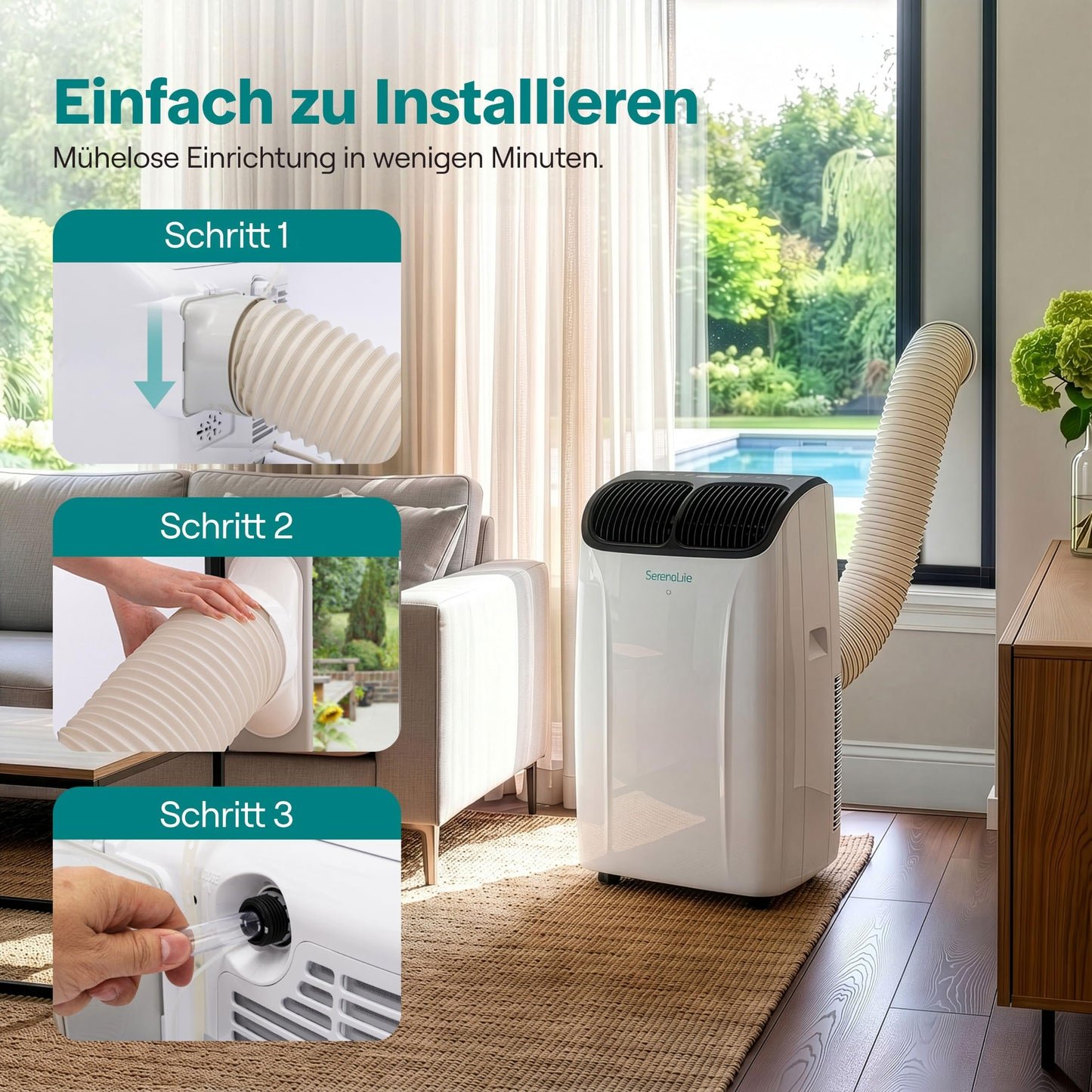 SereneLife Klimaanlage Mobil 12000 BTU – Kleine Klimaanlage für Zimmer bis 21 m² | Kühlung, Entfeuchter & Ventilator | 51 dB